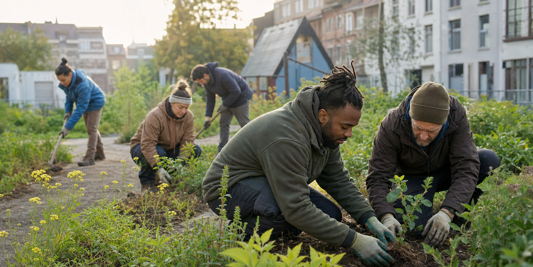 Een diverse ploeg werkt samen in een groene stadstuin.